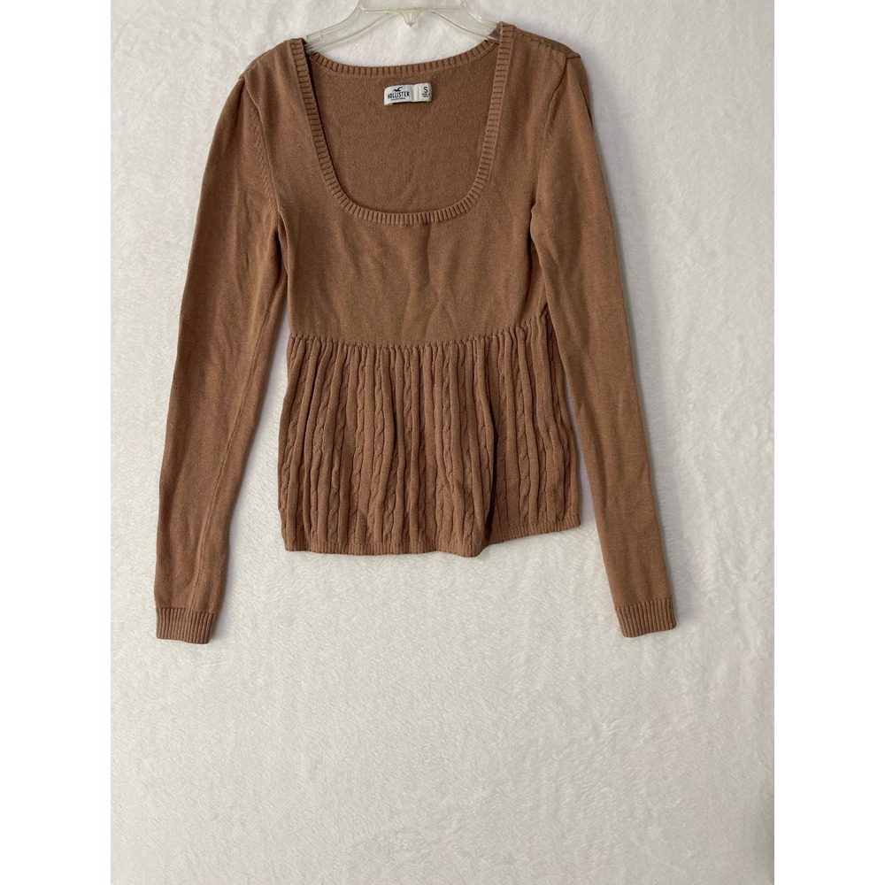 Hollister Womens Brown Cable Knit Peplum Babydoll Scoop Neck Sweater Small Y2K